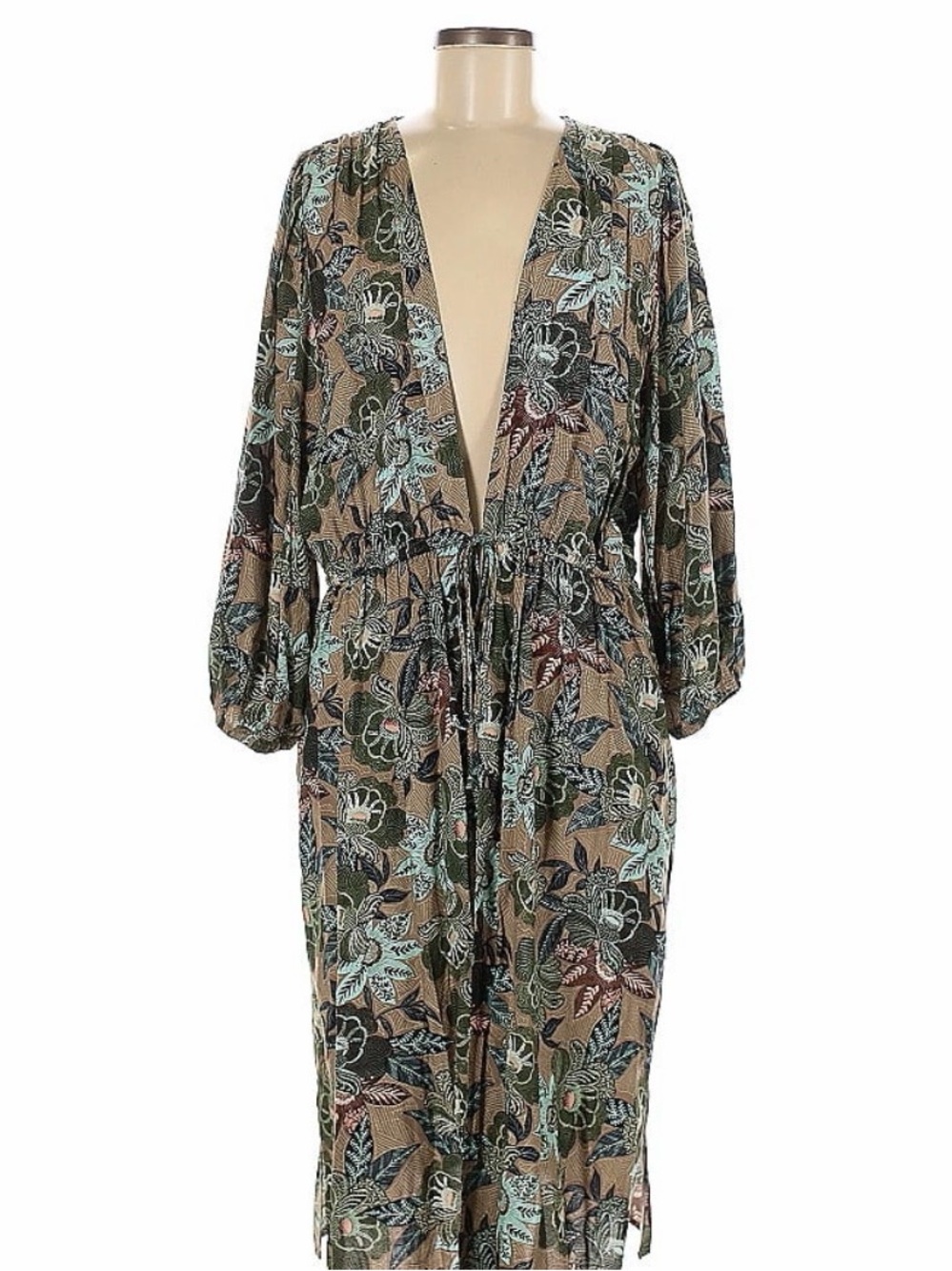 Evereve Brown Floral Tie-Waist Kimono topper with Green Accents